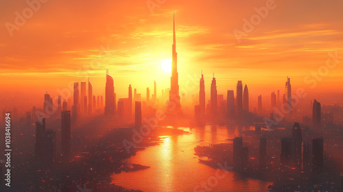 Stunning Dubai Skyline at Sunset - Cityscape with Iconic Buildings and Beautiful Colors