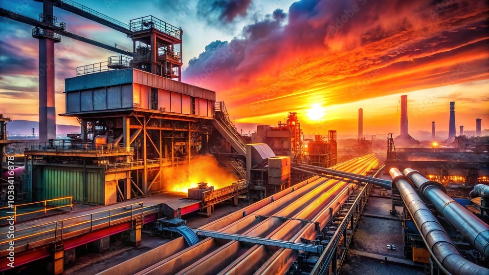 Dawn's Embrace: Glowing Steel Beams in Rolling Mill Panorama Dawn's Embrace: Glowing Steel Beams in Rolling Mill Panorama