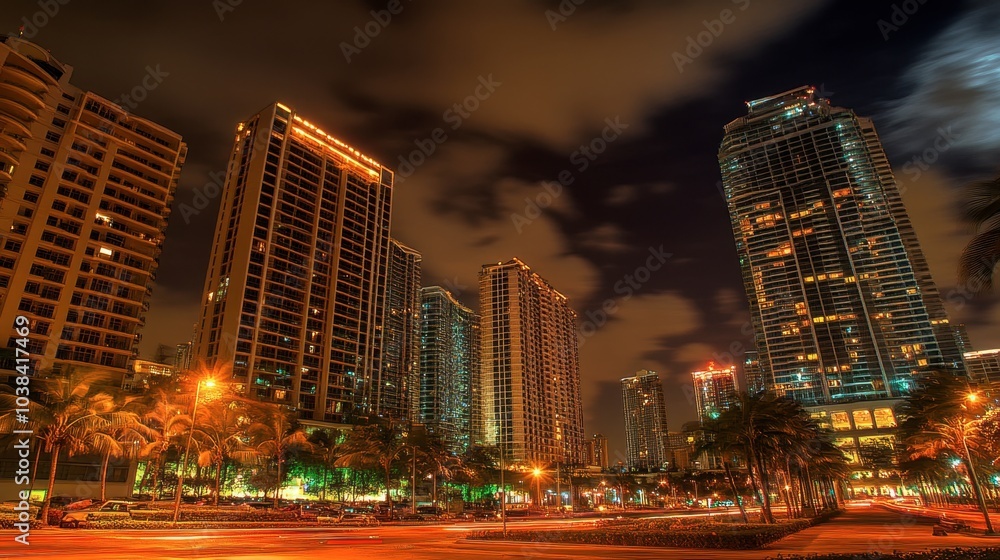 Fototapeta premium Urban Nightscape with Illuminated Skyscrapers