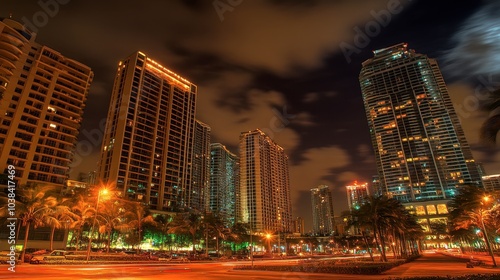 Urban Nightscape with Illuminated Skyscrapers