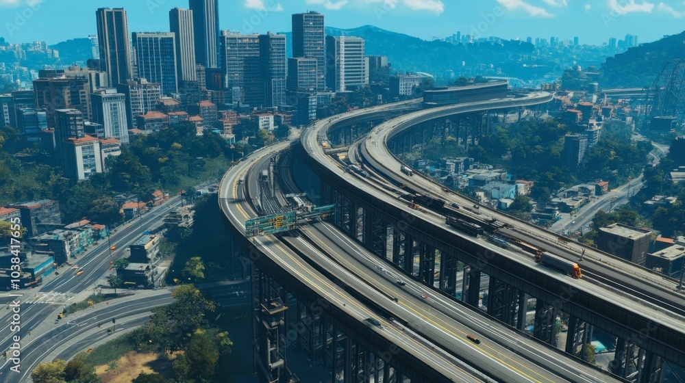 Fototapeta premium Aerial View of Urban Highway and Cityscape