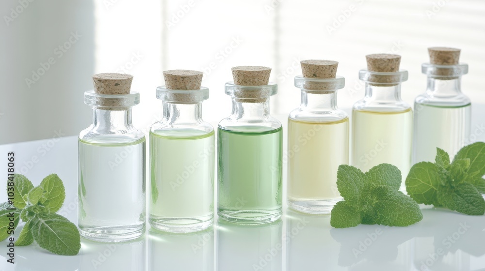 A row of six glass bottles with green liquid inside, each with a cork stopper A row of six glass bottles with green liquid inside, each with a cork stopper