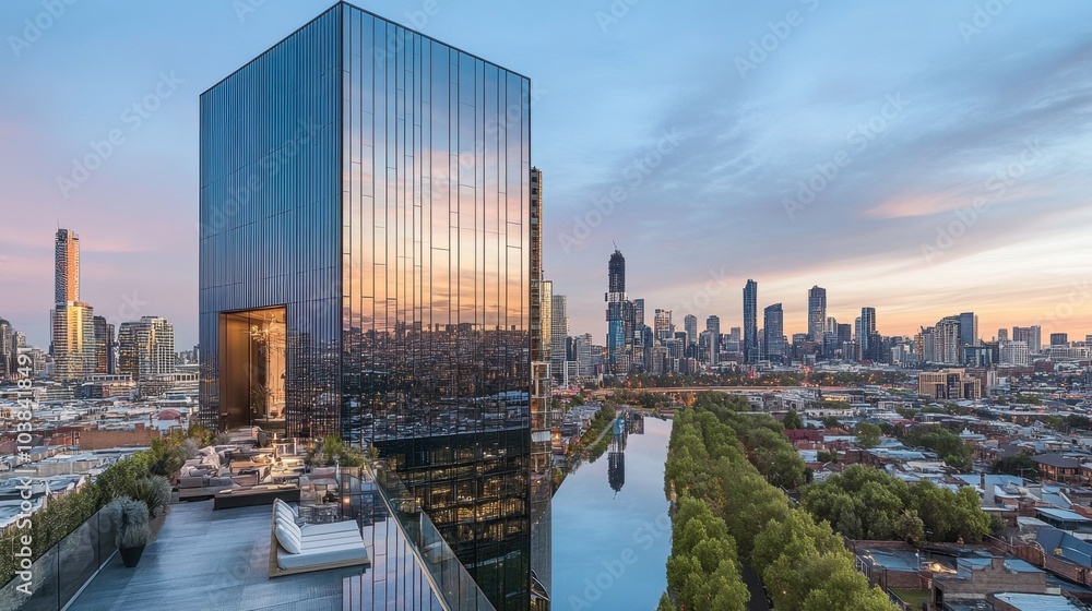 Fototapeta premium Modern Building Overlooking City at Sunset