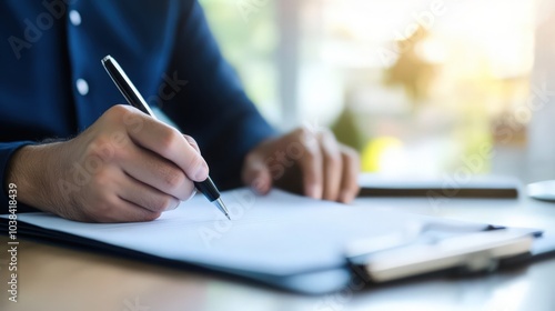 Woman writing with pen in notepad at table indoors, closeup. Space for text 