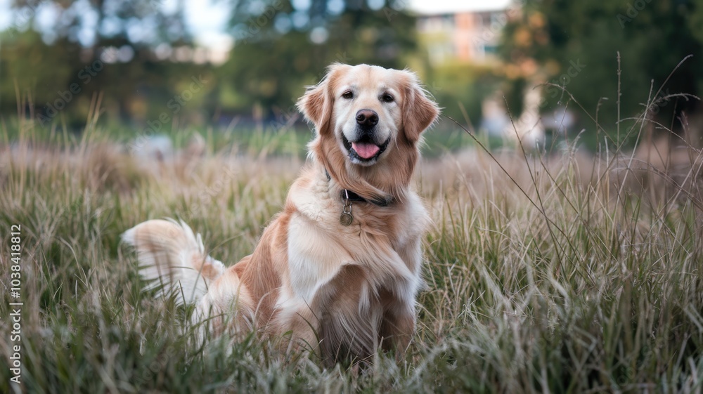Happy golden retriever sitting in tall grass under a clear blue sky. Happy golden retriever sitting in tall grass under a clear blue sky.