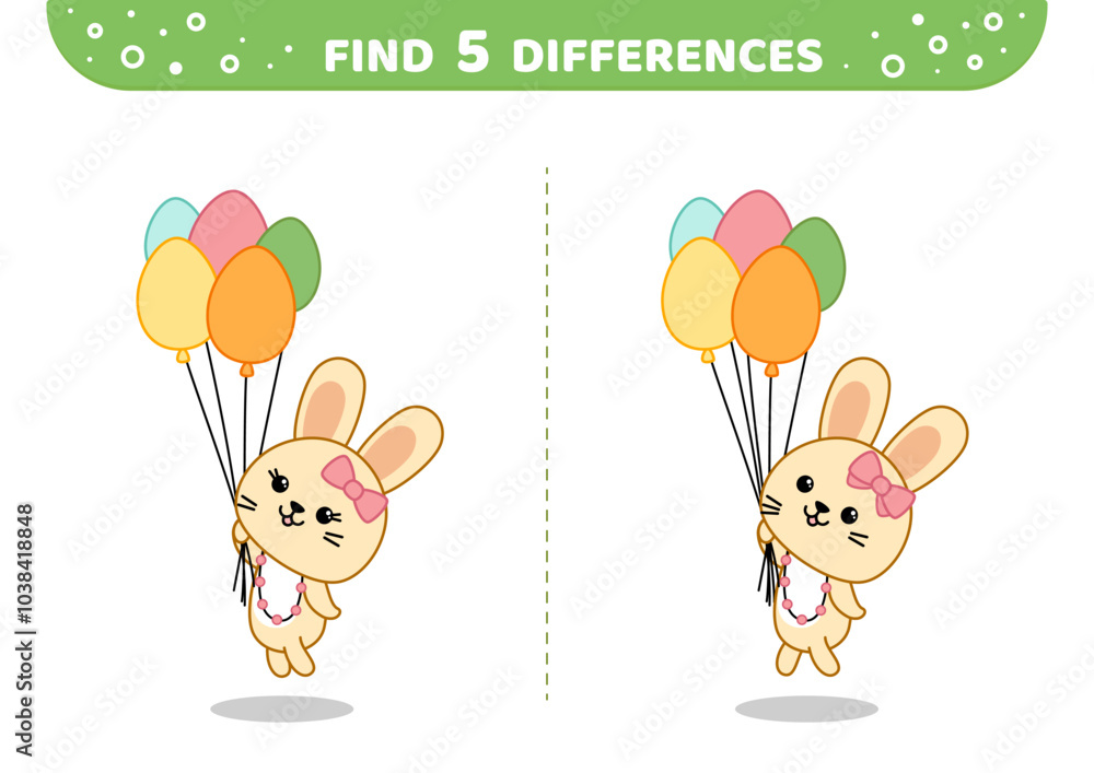 Find 5 differences. Flying rabbit by balloons. Easter game. Cartoon, vector Find 5 differences. Flying rabbit by balloons. Easter game. Cartoon, vector