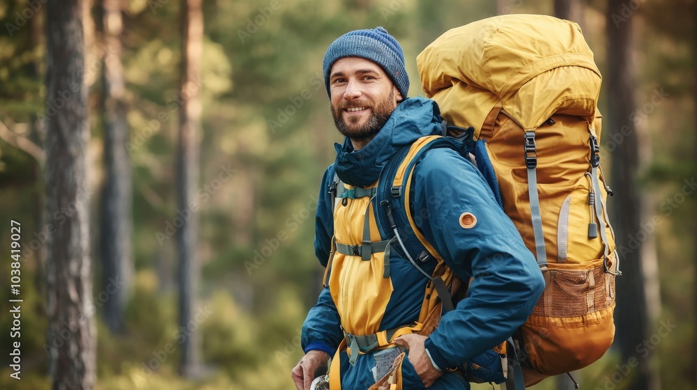 Man hiking through a dense forest, his backpack loaded with gear for an outdoor adventure. Exploration and nature. Man hiking through a dense forest, his backpack loaded with gear for an outdoor adventure. Exploration and nature.