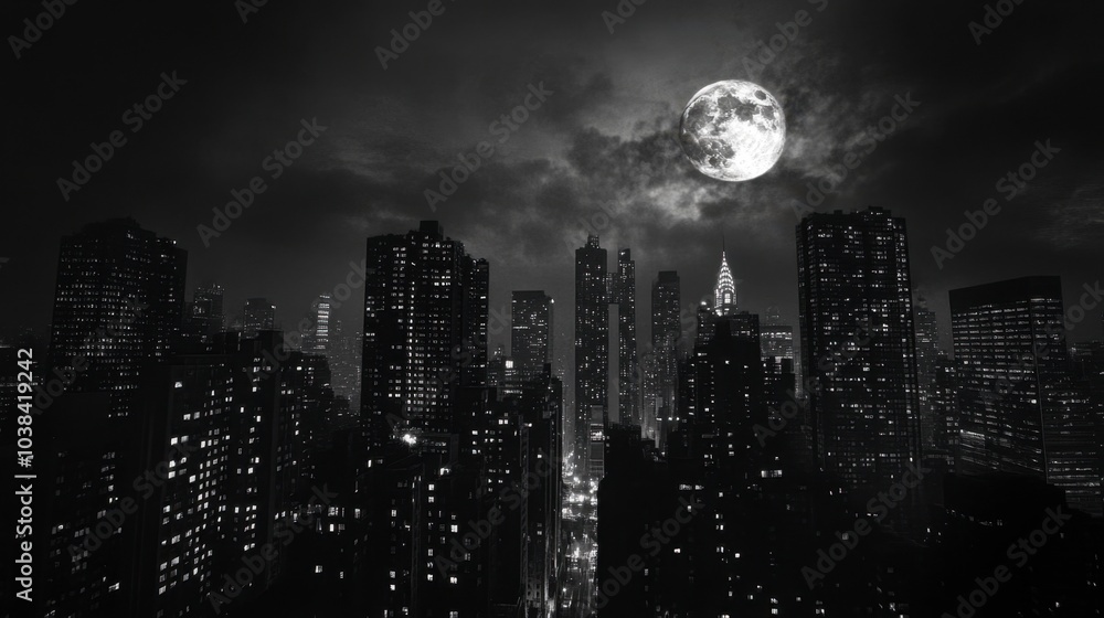 Nighttime Cityscape with Dramatic Moonlight Nighttime Cityscape with Dramatic Moonlight