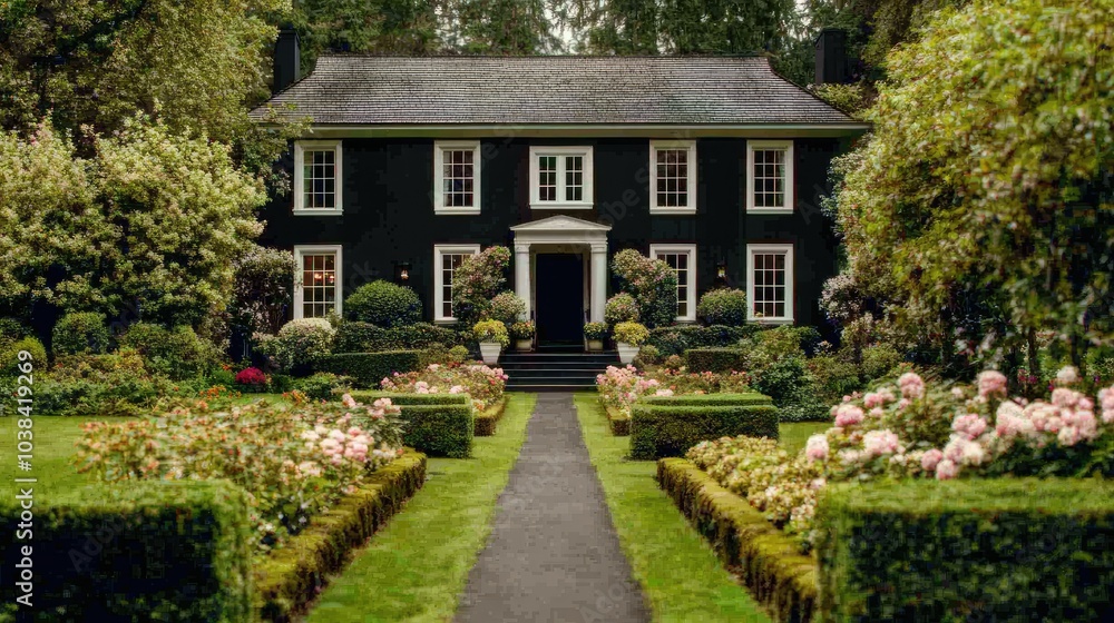 Classic Black Home Surrounded by Lush Garden Classic Black Home Surrounded by Lush Garden