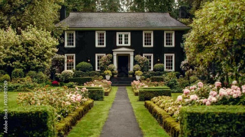 Classic Black Home Surrounded by Lush Garden