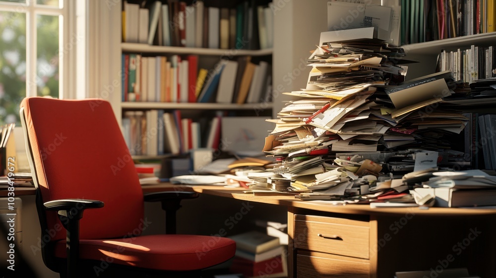 Cluttered desk with papers and books in cozy office Cluttered desk with papers and books in cozy office