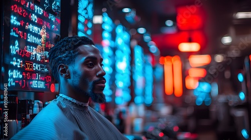 Barber Using Holographic Hair Length Measurement Clippers in Modern Minimalist Salon Workspace with Plenty of Copy Space