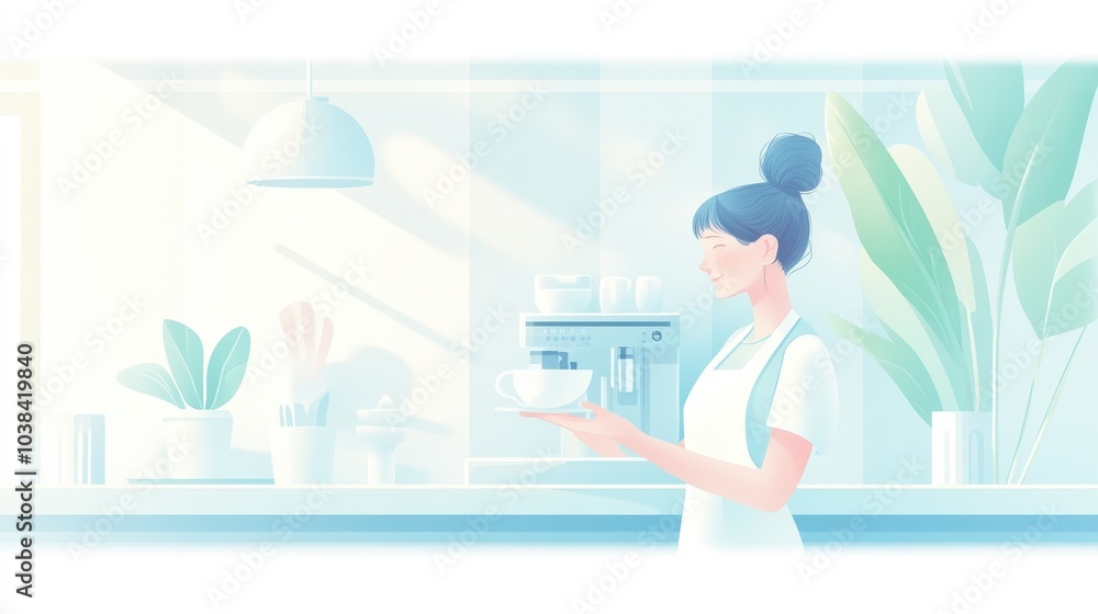 A woman is holding a cup in front of a coffee maker A woman is holding a cup in front of a coffee maker