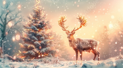 Reindeer with glowing pastel lights on its antlers standing by a pastel green Christmas tree, with a soft pink and orange winter sky and gently falling snow 