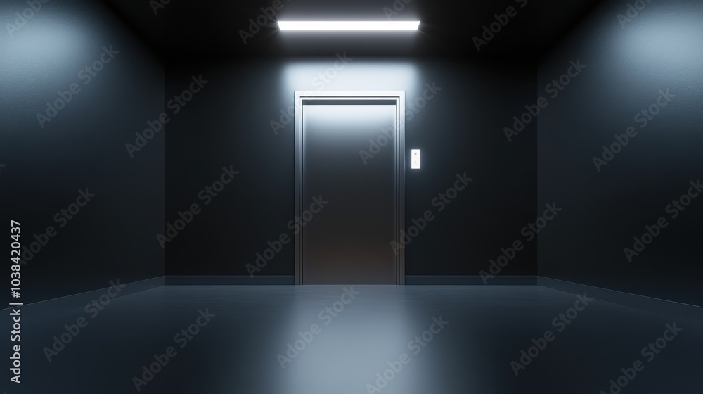 A dark room with a door and a light on the wall A dark room with a door and a light on the wall