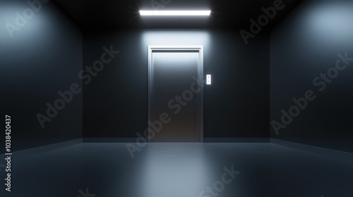 A dark room with a door and a light on the wall