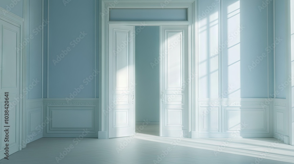 Fototapeta premium Light Floods Through Open Double Doors in Bright Room