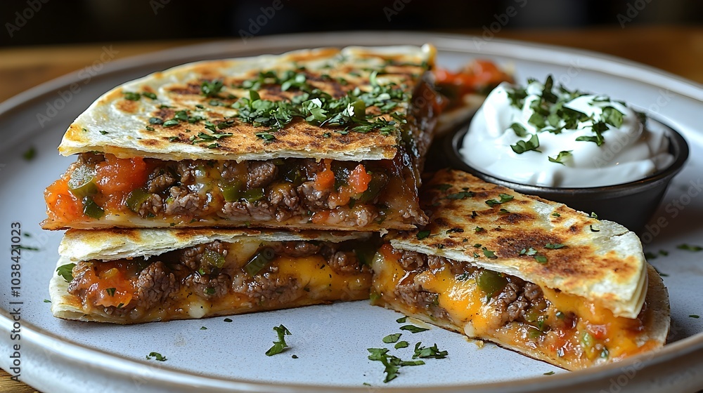 Organic beef quesadillas with melted cheese and jalapeos cut into triangular pieces served with sour cream and fresh salsa for a delicious Mexican American fusion appetizer or snack Organic beef quesadillas with melted cheese and jalapeos cut into triangular pieces served with sour cream and fresh salsa for a delicious Mexican American fusion appetizer or snack