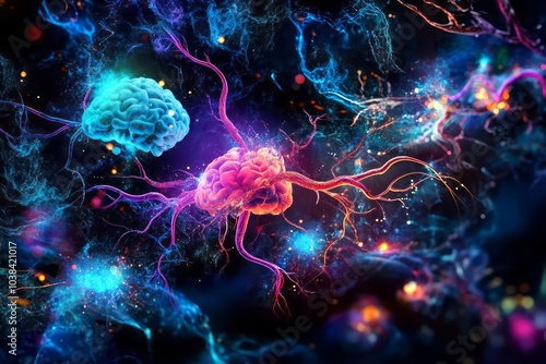 Neurotransmitters using dopamine design, featuring electrifying, colorful depictions of dopamine, serotonin, and other brain chemicals