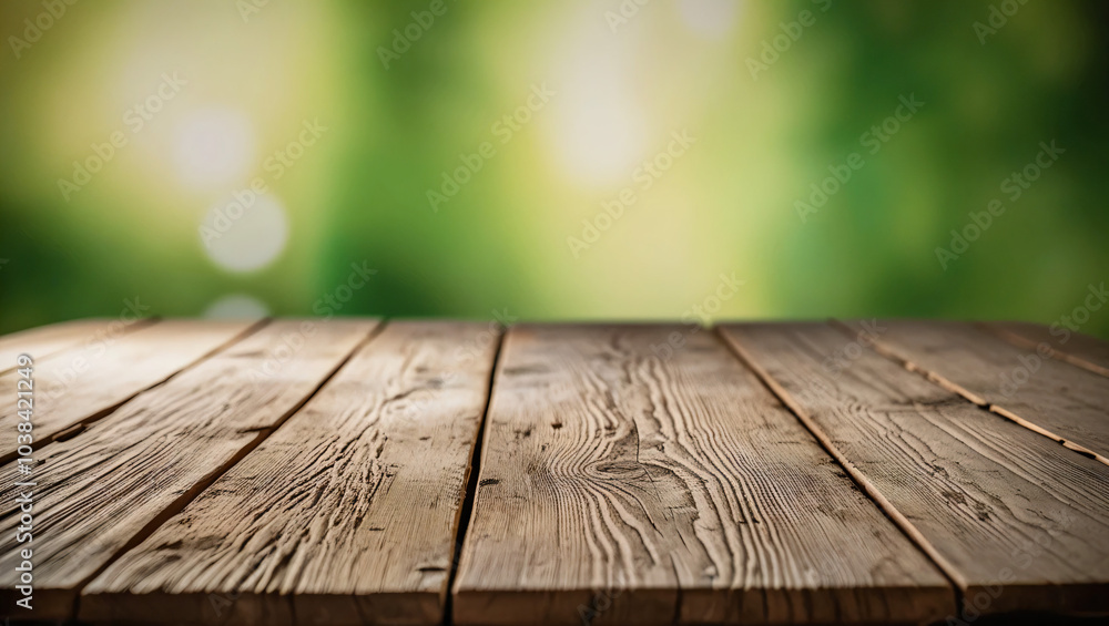 Empty wooden table top with natural green background blurred, good for product display Empty wooden table top with natural green background blurred, good for product display