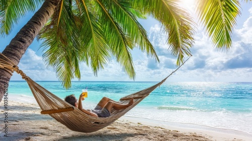 Man relaxing in a hammock in a tropical paradise, sipping a cold drink as the waves gently crash nearby. Vacation and relaxation.