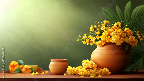 Wallpaper Mural Earthen clay pot with yellow marigold flowers and petals, traditional decor against green background, floral arrangement still life Torontodigital.ca