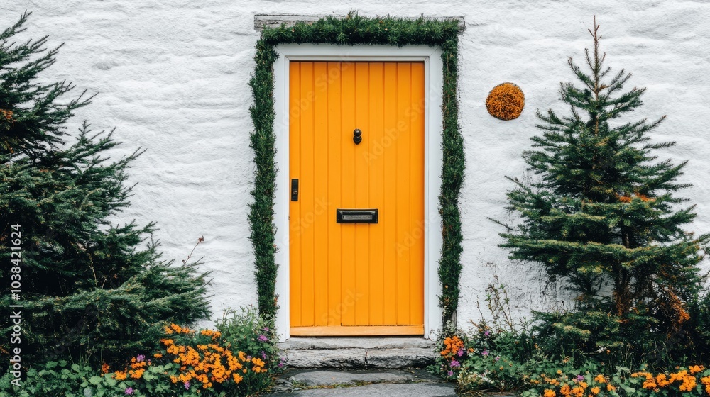 Fototapeta premium Bright Orange Door Surrounded by Green Trees and Flowers