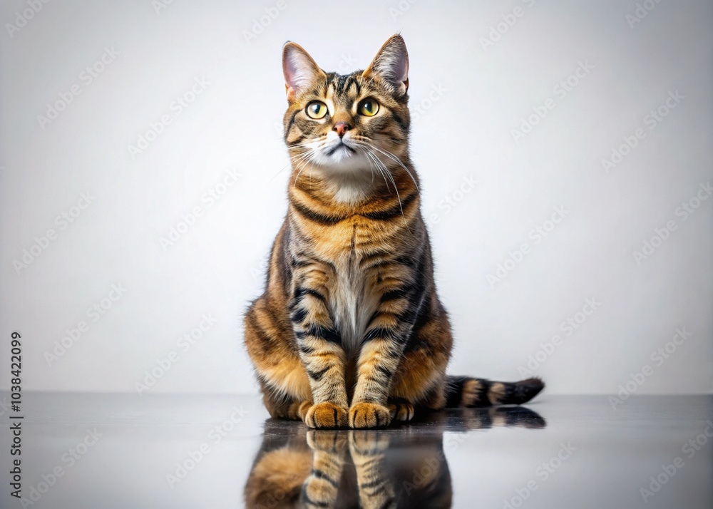 Feline Gaze: Cat Portrait with Reflection on White Background Feline Gaze: Cat Portrait with Reflection on White Background