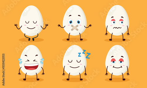 funny chicken white egg cartoon with various expressions vector illustration