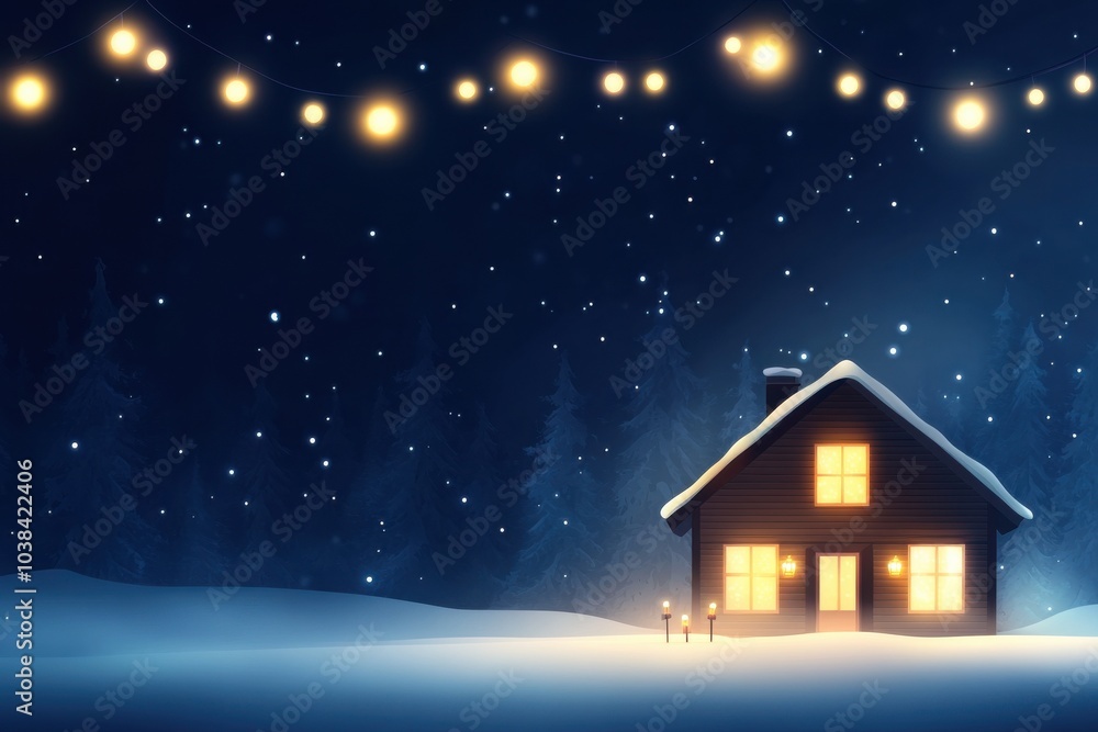 A cozy, illuminated cabin surrounded by snow, with decorative lights hanging in the night sky, evoking a warm winter ambiance amidst a serene forest. A cozy, illuminated cabin surrounded by snow, with decorative lights hanging in the night sky, evoking a warm winter ambiance amidst a serene forest.