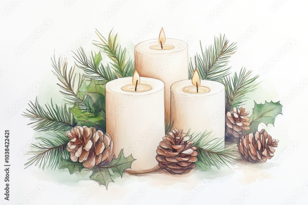A cozy arrangement of three lit candles surrounded by pine branches and pinecones, creating a warm and inviting atmosphere, perfect for festive or peaceful occasions. A cozy arrangement of three lit candles surrounded by pine branches and pinecones, creating a warm and inviting atmosphere, perfect for festive or peaceful occasions.
