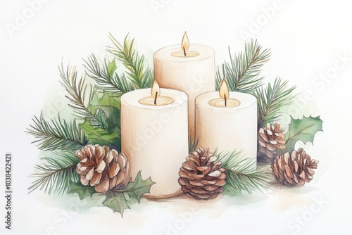 A cozy arrangement of three lit candles surrounded by pine branches and pinecones, creating a warm and inviting atmosphere, perfect for festive or peaceful occasions.