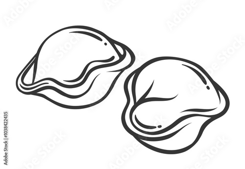 Two dumplings line icon. Outline hand drawn dumplings with mince meat or vegetable filling and flour dough. Asian cuisine mascot, traditional Chinese stuffed wonton, pelmeni icon vector illustration