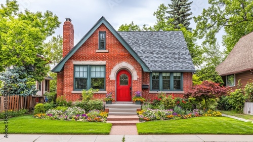 Traditional Red Brick House with Vibrant Garden