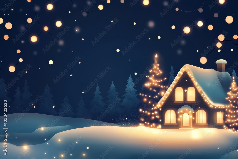 A cozy winter scene featuring a charming house adorned with bright lights, surrounded by snow-covered trees, creating a magical atmosphere under a starry night sky. A cozy winter scene featuring a charming house adorned with bright lights, surrounded by snow-covered trees, creating a magical atmosphere under a starry night sky.