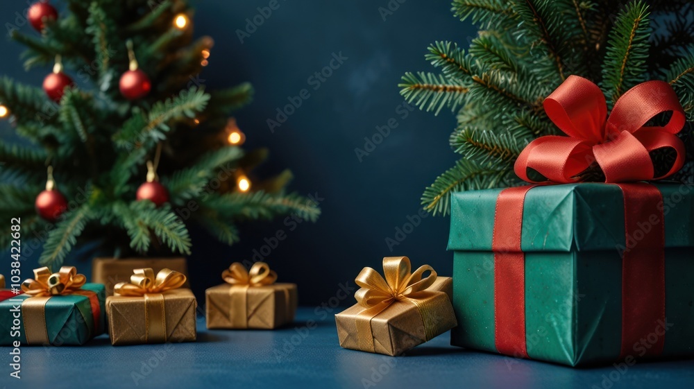 Christmas presents with red ribbon and gold ribbon on blue background, with small Christmas tree. Christmas presents with red ribbon and gold ribbon on blue background, with small Christmas tree.