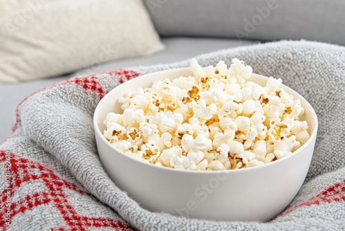 A cozy scene featuring a bowl of freshly popped popcorn resting on a soft blanket, perfect for movie nights or snack time.