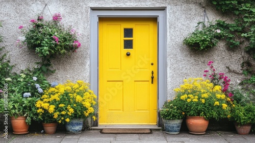 Bright Yellow Door Among Colorful Flowers and Plants