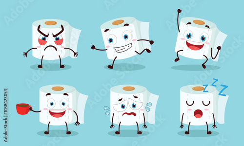 funny toilet paper cartoon character with various pose activity vector illustration