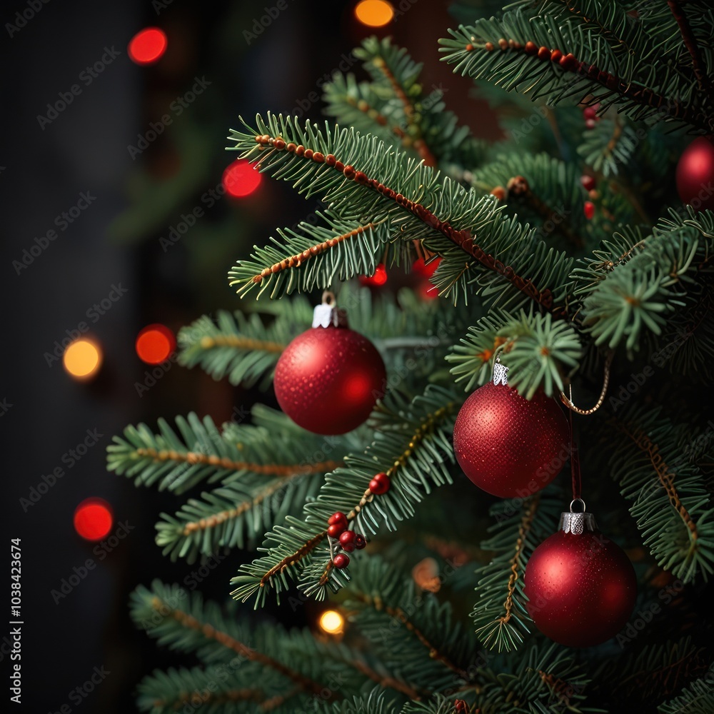 Close-up of a decorated Christmas tree with red baubles and blurry lights in the background. Close-up of a decorated Christmas tree with red baubles and blurry lights in the background.