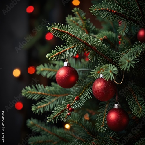 Close-up of a decorated Christmas tree with red baubles and blurry lights in the background.