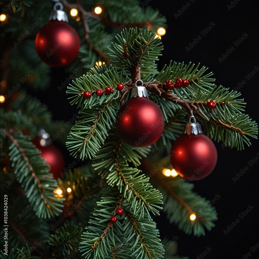 Close-up of a Christmas tree branch with red ornaments and fairy lights. Close-up of a Christmas tree branch with red ornaments and fairy lights.