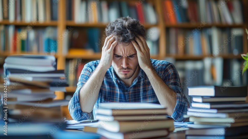 Overwhelmed man holding his head, stressed about work deadlines while sitting in a cluttered home office. Mental health and work-life balance. Overwhelmed man holding his head, stressed about work deadlines while sitting in a cluttered home office. Mental health and work-life balance.