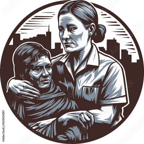 Stylized Vector Art of a Caregiver Embracing an Elderly Woman in Urban Setting, Highlighting Compassion and Community Care