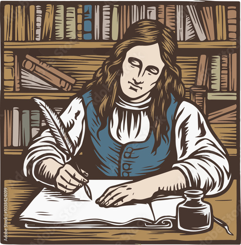 Vintage-style illustration of a person writing in a book, surrounded by bookshelves, perfect for educational and literary themes.