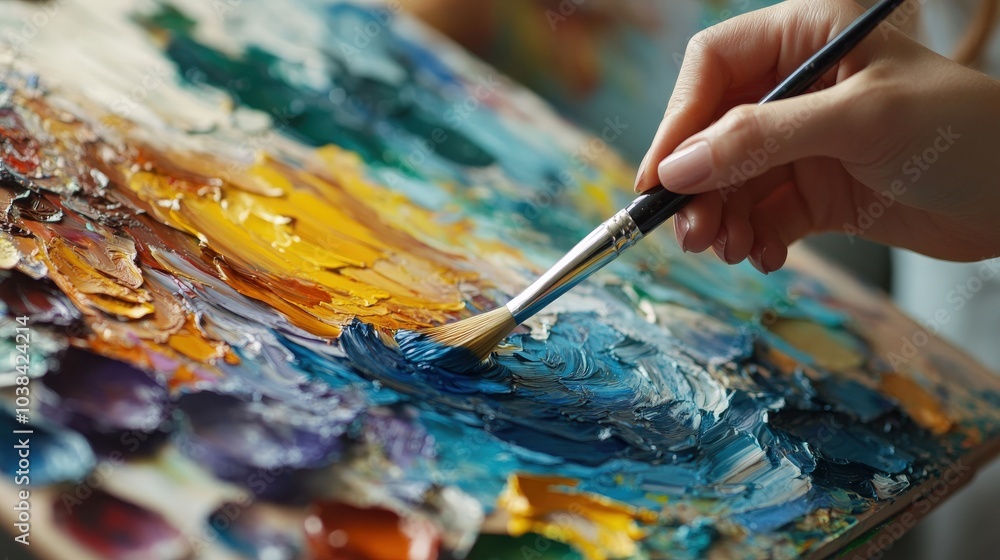 Painter mixing colors on a palette, getting ready to create a new piece of art in their studio. Creativity and inspiration. Painter mixing colors on a palette, getting ready to create a new piece of art in their studio. Creativity and inspiration.