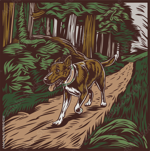 Vector art of a dog walking along a forest path, showcasing rich green hues and warm earthy tones, perfect for outdoor-themed design.