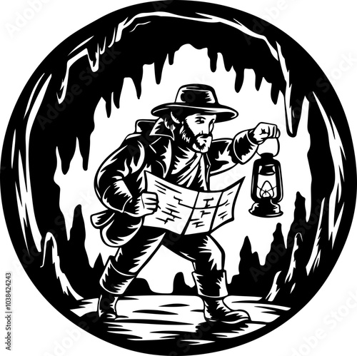 Vintage Style Explorer in Cave: A man with a lantern and map, set against a black and white cave silhouette, perfect for adventure themes.