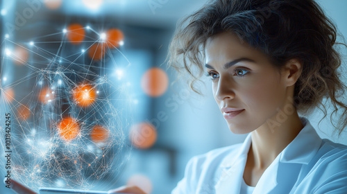 A dynamic image of an AI business optimization consultant working with advanced AI software on a tablet, focusing on enhancing company performance. The consultant reviews real-time