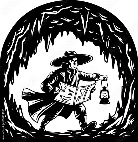 Vivid Vector Illustration of a Treasure Hunter with a Lantern Exploring a Cave, Ideal for Adventure Themes